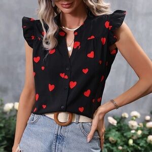 Black Heart Print Ruffle Sleeve Top